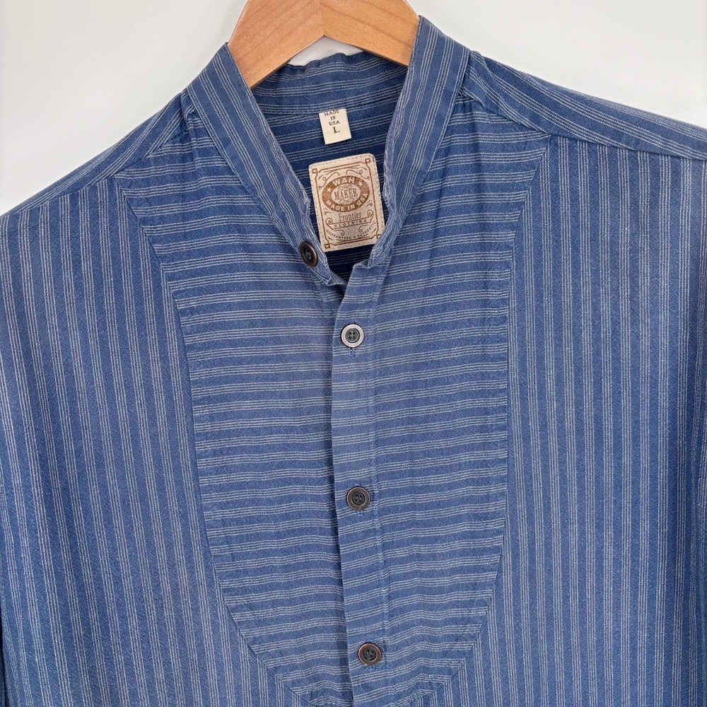 Wah Maker Frontier Button Up Mens Large Blue Striped Band Collar Bib Shirt USA